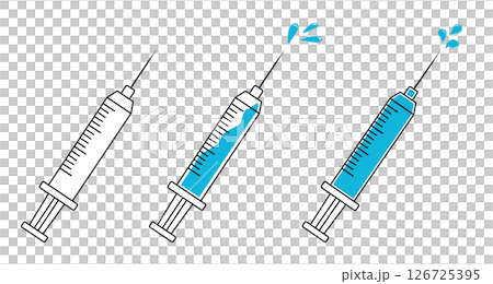 A disposable syringe illustration. A syringe with medicine and drops. An outline syringe drawing. Injections and vaccination. 126725395