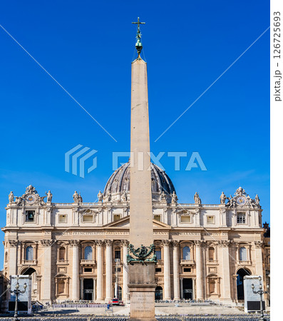 Front view St. Peters Basilica with Vatican Obelisk on St. Peters Square in Vatican City 126725693