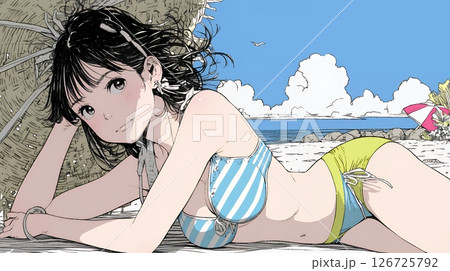 ビーチリゾートを旅行中のビキニ姿の若い女性