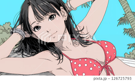 ビーチリゾートを旅行中のビキニ姿の若い女性