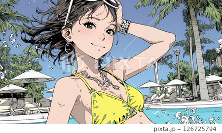 ビーチリゾートを旅行中のビキニ姿の若い女性
