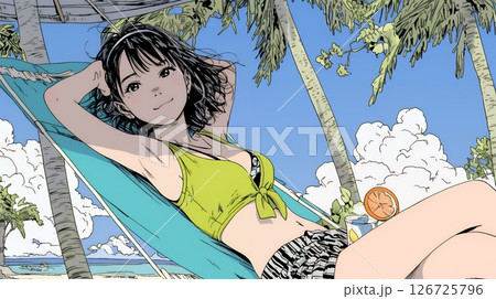 ビーチリゾートを旅行中のビキニ姿の若い女性