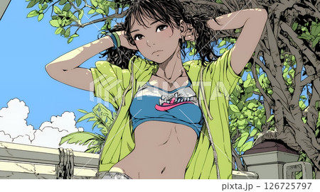 ビーチリゾートを旅行中のビキニ姿の若い女性