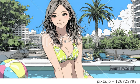 ビーチリゾートを旅行中のビキニ姿の若い女性