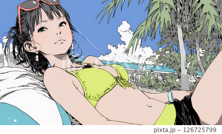 ビーチリゾートを旅行中のビキニ姿の若い女性