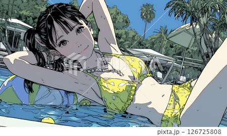 ビーチリゾートを旅行中のビキニ姿の若い女性