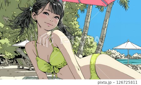 ビーチリゾートを旅行中のビキニ姿の若い女性