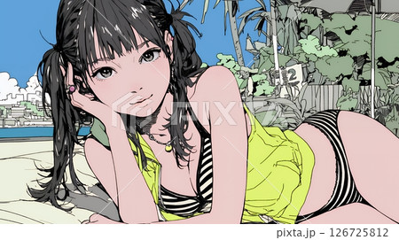 ビーチリゾートを旅行中のビキニ姿の若い女性