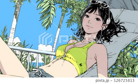 ビーチリゾートを旅行中のビキニ姿の若い女性