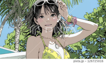 ビーチリゾートを旅行中のビキニ姿の若い女性