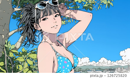 ビーチリゾートを旅行中のビキニ姿の若い女性
