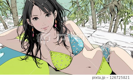 ビーチリゾートを旅行中のビキニ姿の若い女性