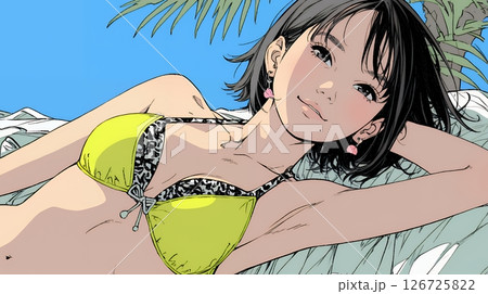 ビーチリゾートを旅行中のビキニ姿の若い女性