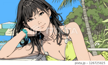 ビーチリゾートを旅行中のビキニ姿の若い女性