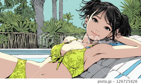 ビーチリゾートを旅行中のビキニ姿の若い女性