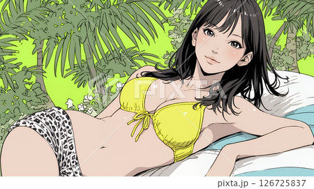 ビーチリゾートを旅行中のビキニ姿の若い女性