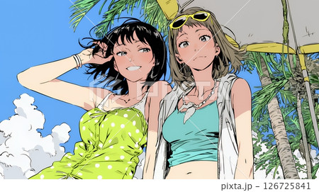 ビーチリゾートを満喫する若い女友達たち