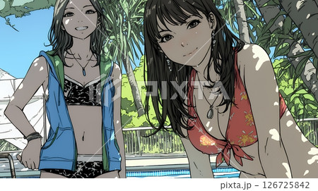 ビーチリゾートを満喫する若い女友達たち