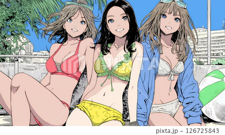 ビーチリゾートを満喫する若い女友達たち