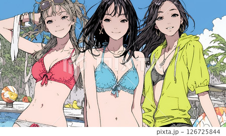 ビーチリゾートを満喫する若い女友達たち