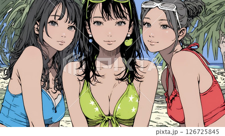 ビーチリゾートを満喫する若い女友達たち