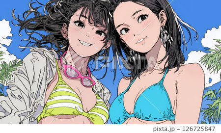 ビーチリゾートを満喫する若い女友達たち