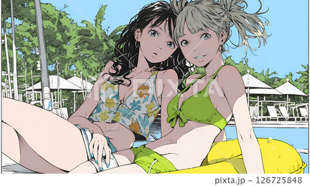 ビーチリゾートを満喫する若い女友達たち