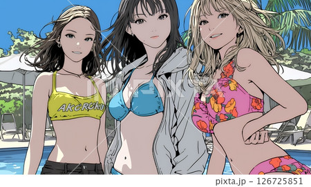ビーチリゾートを満喫する若い女友達たち