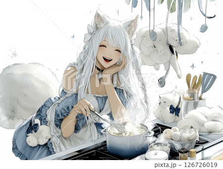 ネコの恩返し　手料理を作ろうと頑張る笑顔のネコの妖精のイラスト素材 126726019