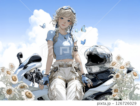 スポーツバイクでヒマワリを身に来た女性ライダーのイラスト素材 126726029