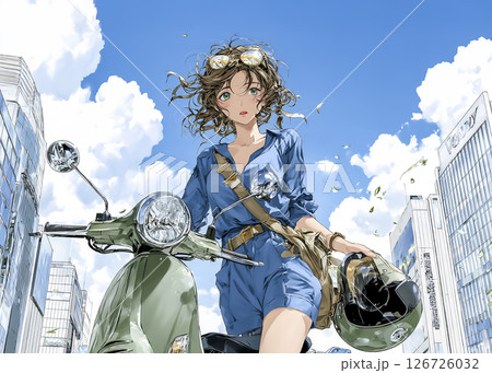 スクーターで買い物に来た若い女性のイラスト素材 126726032