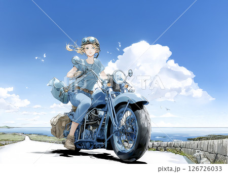 大型クルーザーバイクで海を見に来た女性のイラスト素材 126726033