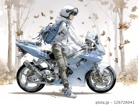 スポーツバイク紅葉でツーリングをする女性ライダーのイラスト素材 126726041