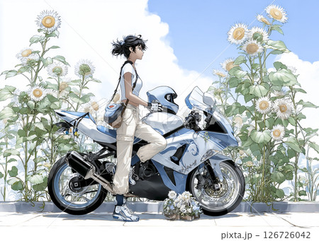 スポーツバイクでヒマワリを身に来た女性ライダーのイラスト素材 126726042
