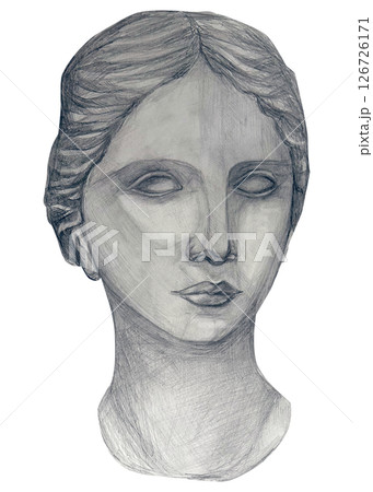 Pencil drawing of plaster head in academic style. Portrait of young man / woman in classic / ancient style Pencil drawing of plaster head in academic style. Portrait of young man / woman in classic / ancient style 126726171
