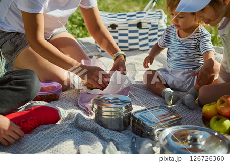 Family Enjoying a Summer Picnic Outdoors in the Mountains Family Enjoying a Summer Picnic Outdoors in the Mountains 126726360