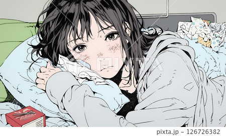 風邪でぐったりと寝込む、一人暮らしの女性