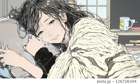 風邪でぐったりと寝込む、一人暮らしの女性