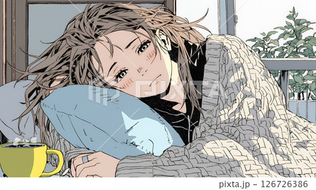 風邪でぐったりと寝込む、一人暮らしの女性
