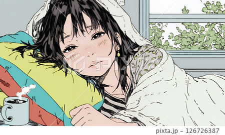風邪でぐったりと寝込む、一人暮らしの女性