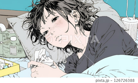 風邪でぐったりと寝込む、一人暮らしの女性