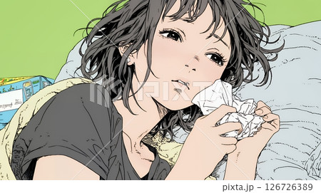 風邪でぐったりと寝込む、一人暮らしの女性