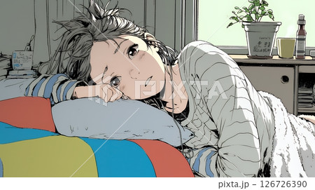 風邪でぐったりと寝込む、一人暮らしの女性