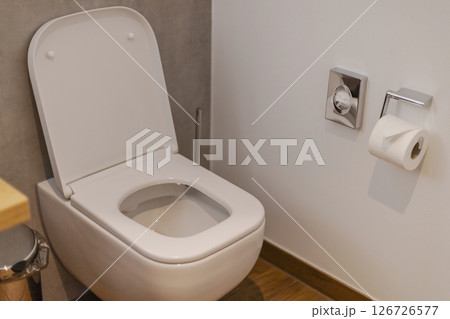 This contemporary bathroom features a sleek toilet design with a minimalist aesthetic. A toilet paper holder is conveniently placed nearby, perfect for a functional space 126726577