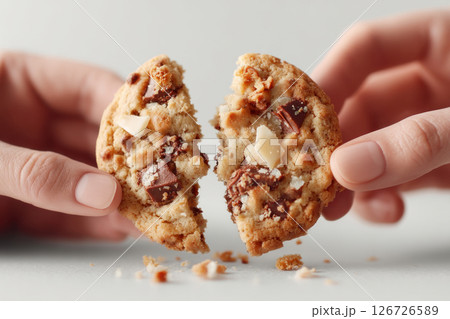 Hands Breaking a Delicious Chocolate Chip Cookie in Half 126726589