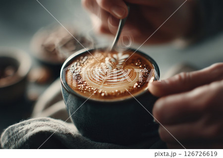 A hand gently stirs coffee creating latte art in a warm evoking a cozy inviting atmosphere. 126726619
