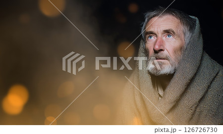 Elderly man wrapped in a blanket contemplates thoughtfully amid mist and glowing embers 126726730