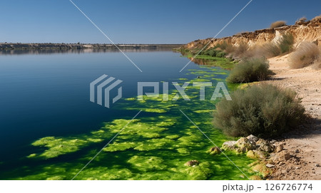 Vibrant green algae blooms decorate the tranquil shoreline of a saltwater lake under a clear blue sky 126726774