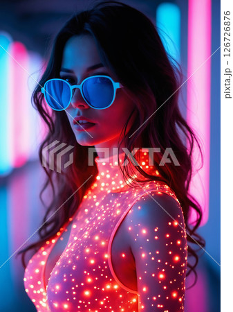 beautiful young woman in glasses and neon lights dress. shining sexy girl in night club 126726876