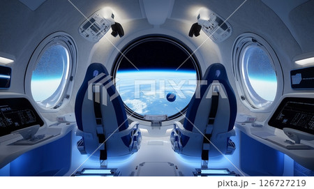 Futuristic spacecraft interior with stunning view of planet from space station 126727219